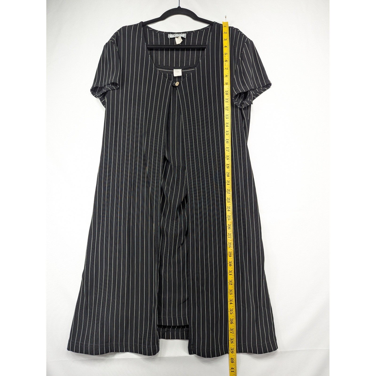 Superstition New York Pinstripe Maxi Dress Womens Short Sleeve Square Neck SZ 8