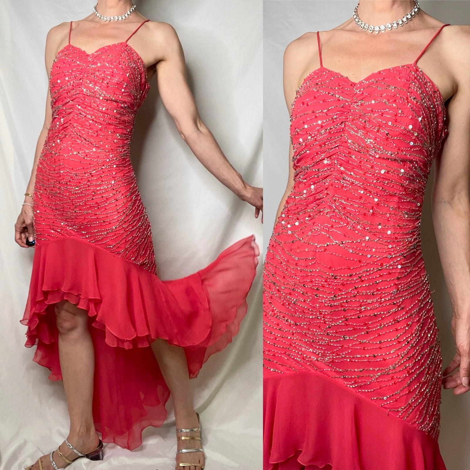 Scala coral pink 100% silk ruffle hem slip dress gown prom beaded sequin formal