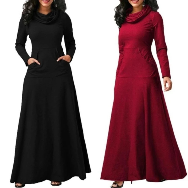 Plus Size 5XL Elegant Long Maxi Dress spring Winter Warm High Collar Women