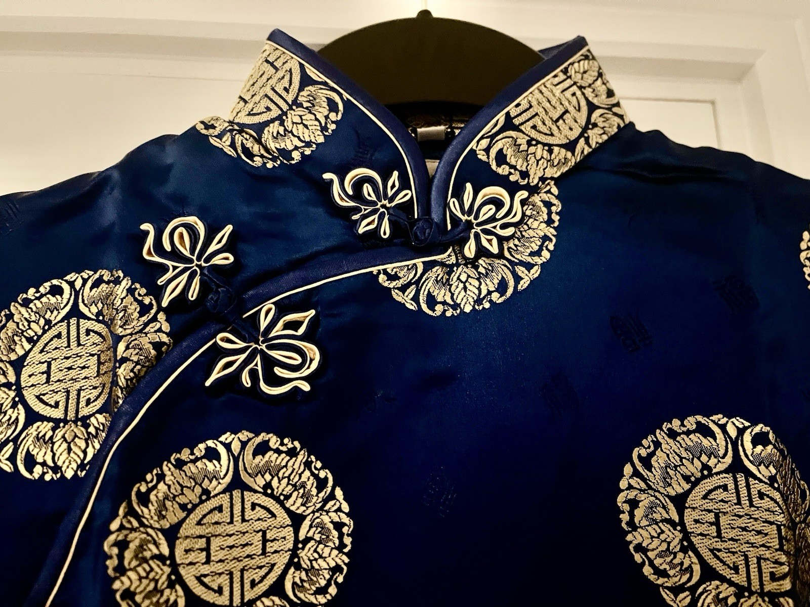 Chinese Oriental long Dress Blue Gold Mandarin Collar Cheongsam Tang Qipao 6