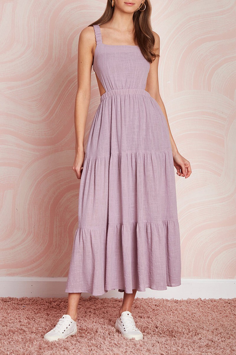 Women Tiered Maxi Sundress, Elastic Band Shoulder Strap Backless, Size S/M/L