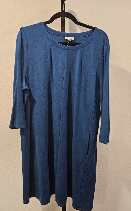 NWT J Jill Versatile Ponte Dark Teal Blue Dress 3/4 Sleeves Side Pockets XLP