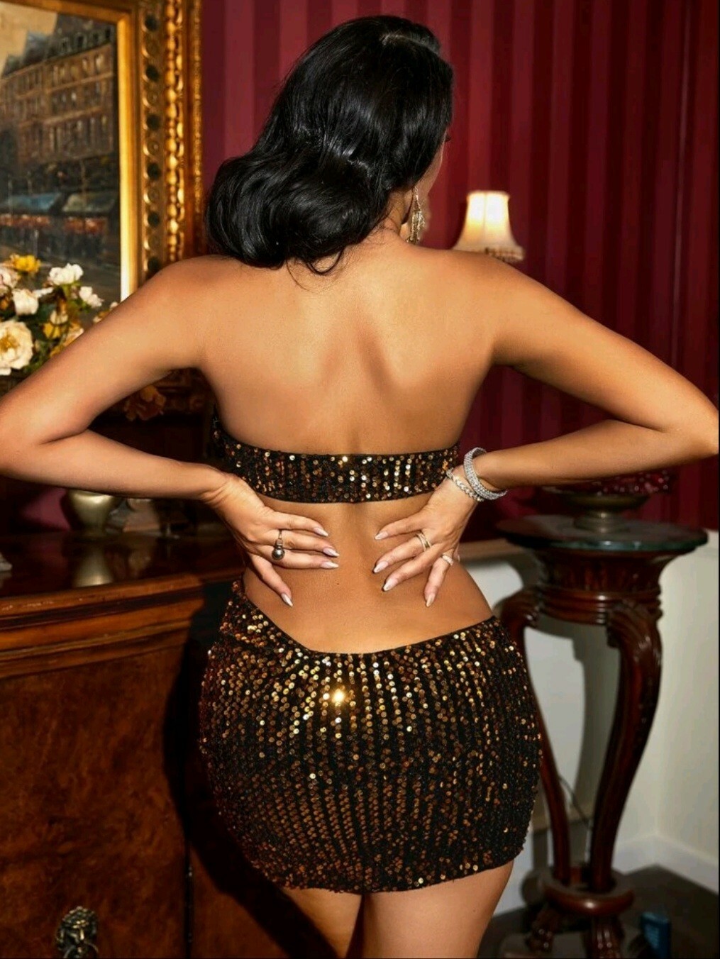 Sequin open back side zipper dress.No stretch.Gold.Glamour.