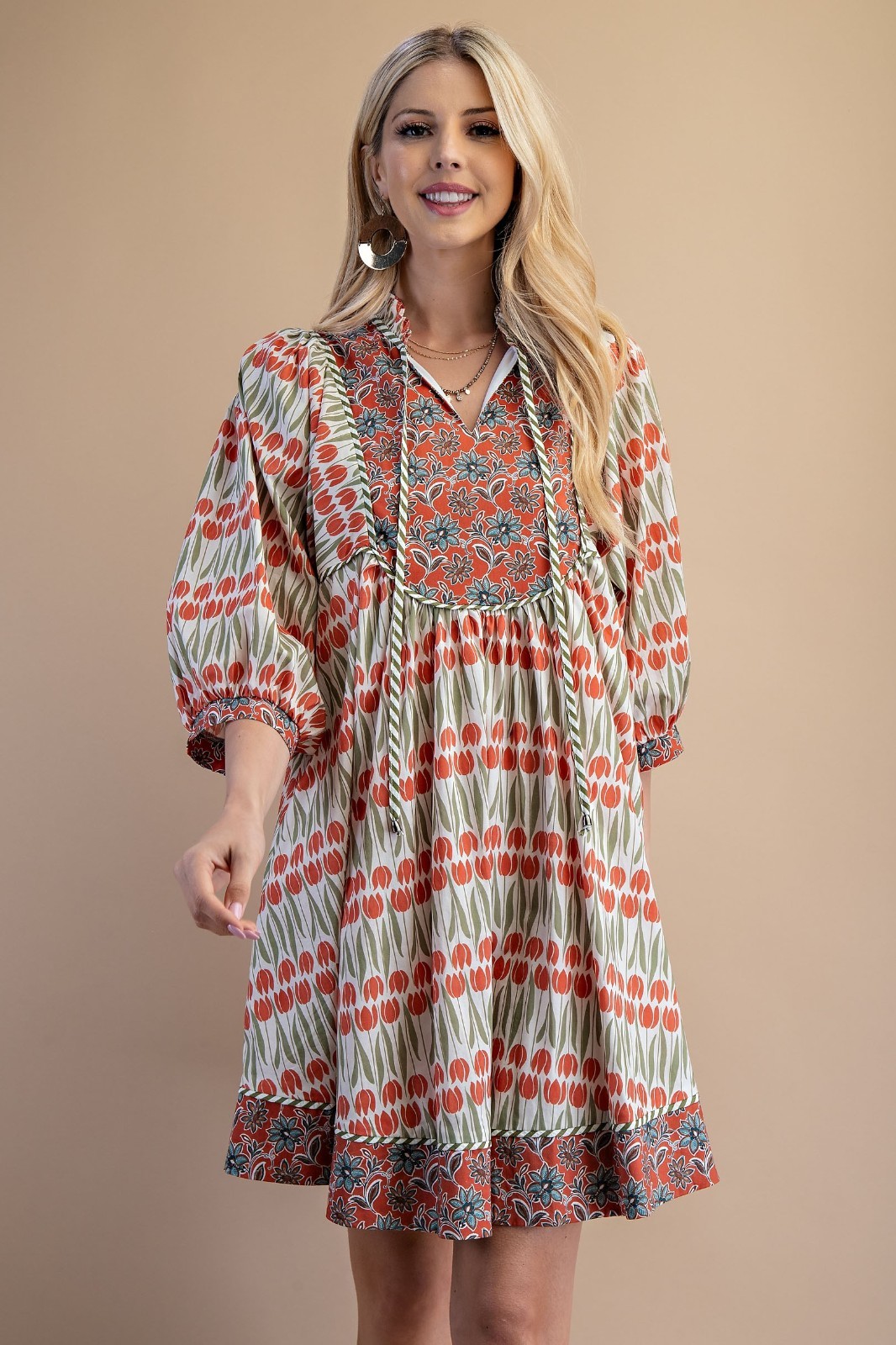 Gigio by Umgee Multi Floral Dress w/ Contrasting Floral Yoke & Balloon Sleeves