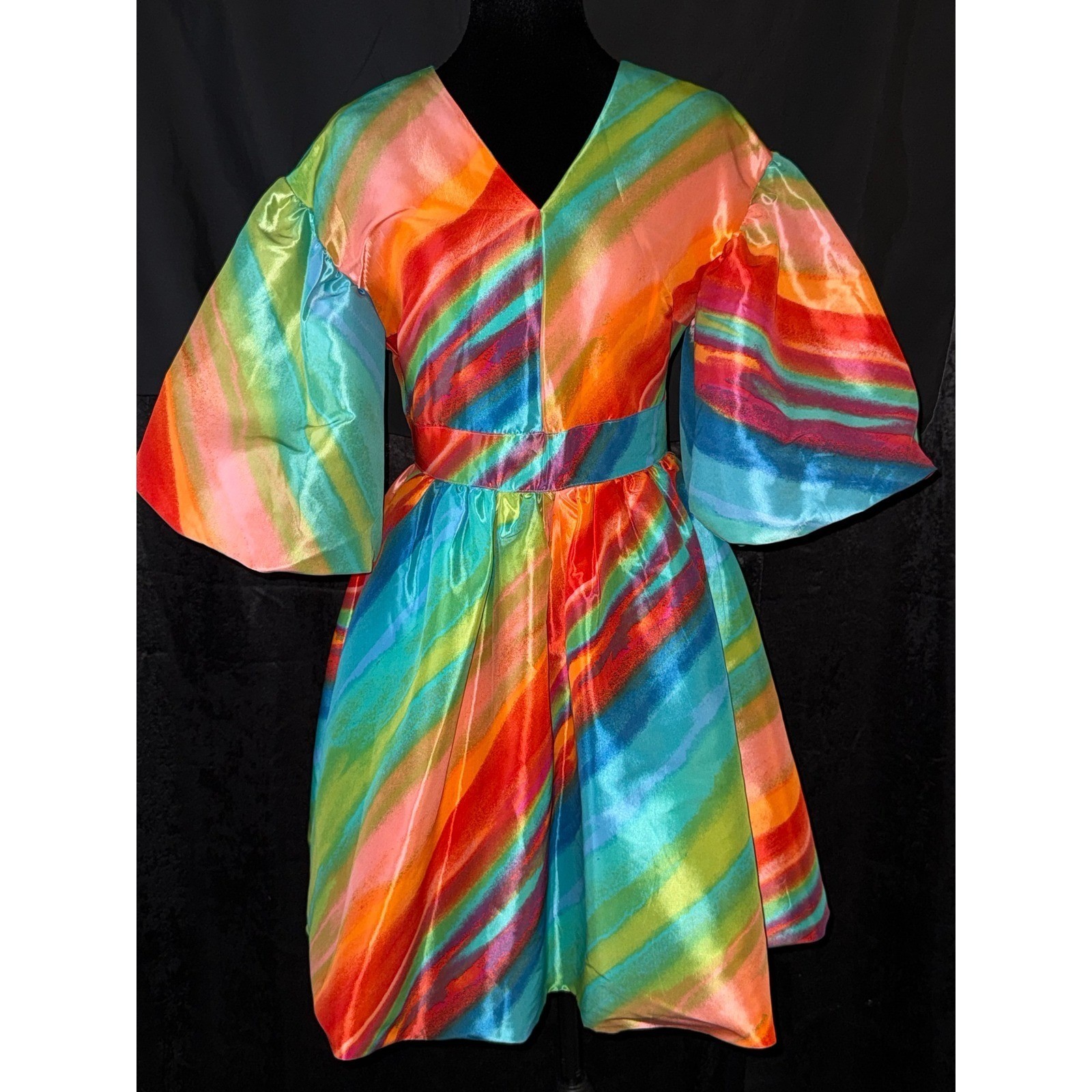 New York & Company Rainbow Stripe Puff Sleeve Mini Dress XS Multi Color V-Neck