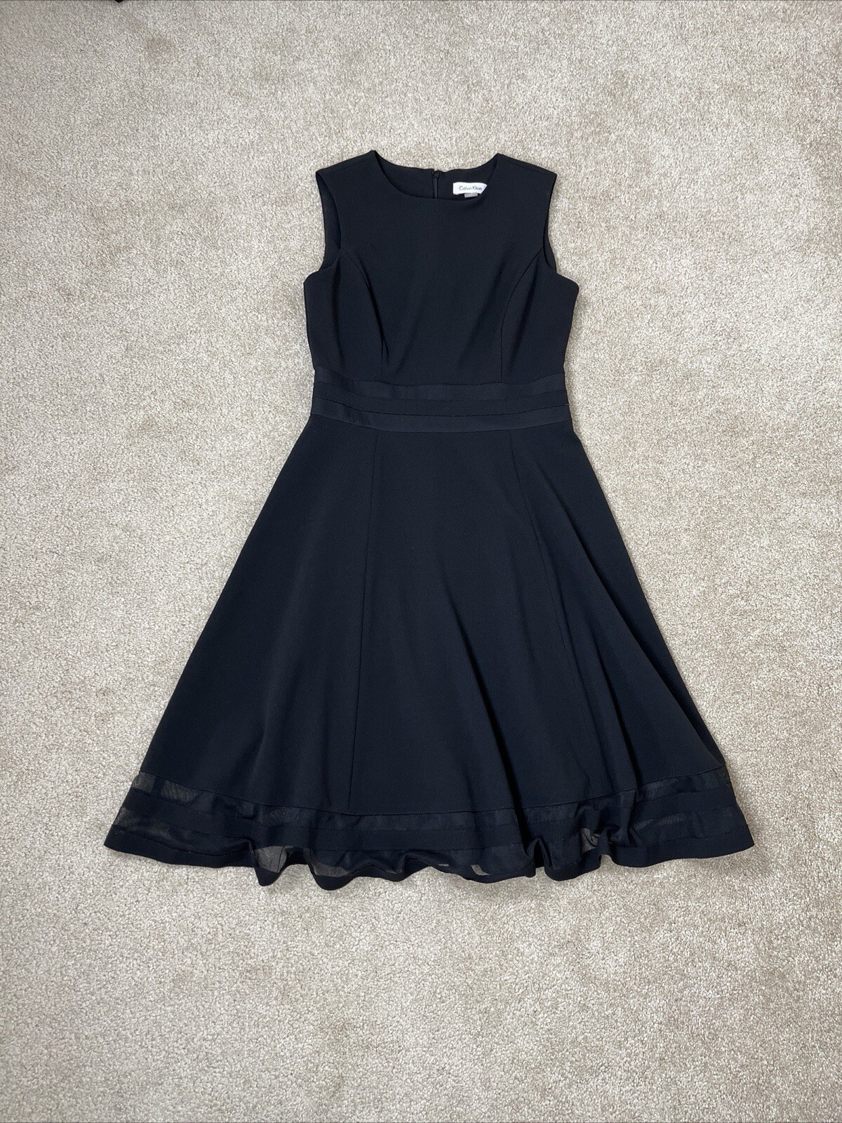Calvin Klein Womens A-line Sleeveless Dress Size 4 Black with Sheer Trim EUC