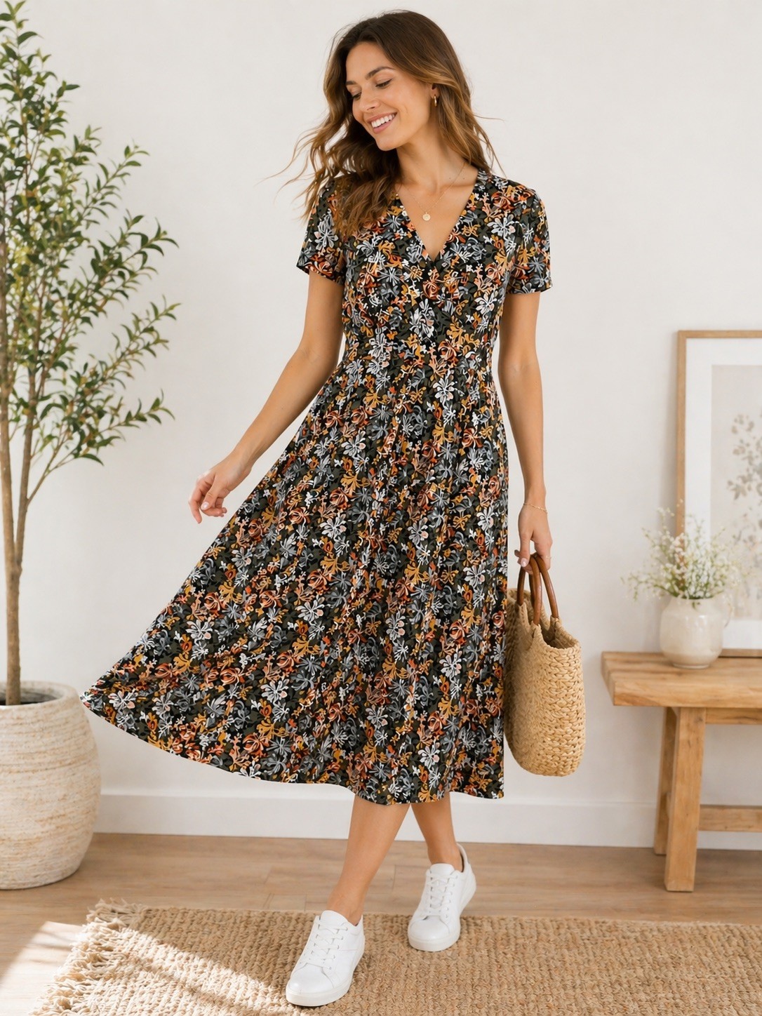 Seasalt Cornwall Floral Midi Dress US 6 UK 10 Organic Cotton V Neck