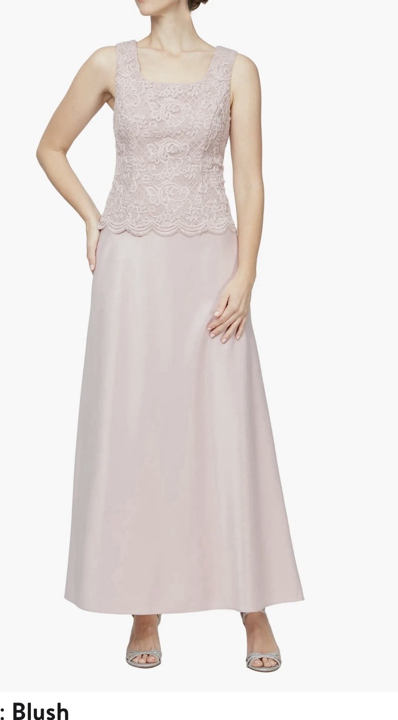 Alex Evenings Blush Sequin Lace Long Formal Gown Square Neck 14P