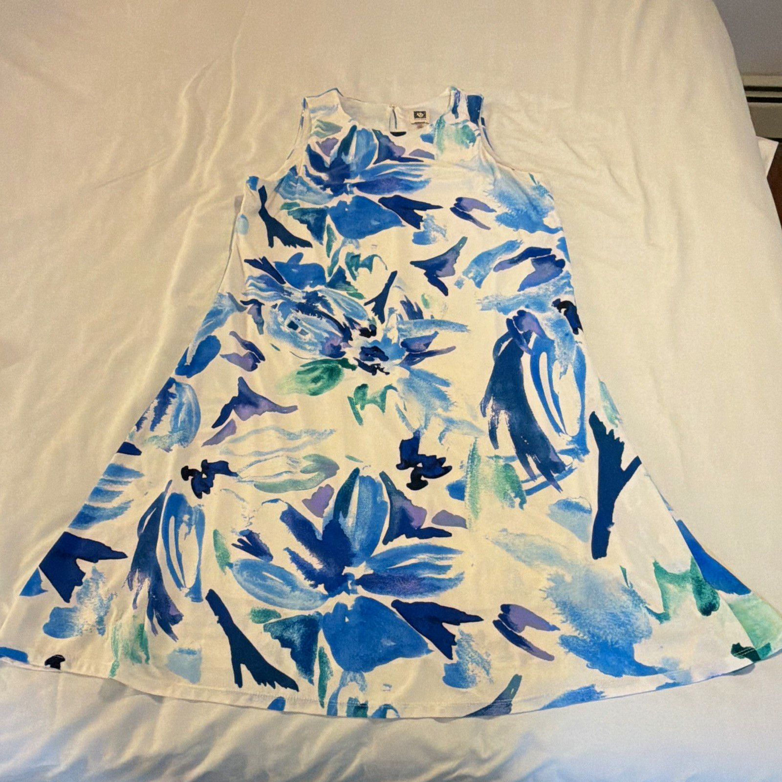 Anne Klein White Blue Green Floral A-Line Scoop Neck Knee Dress 10
