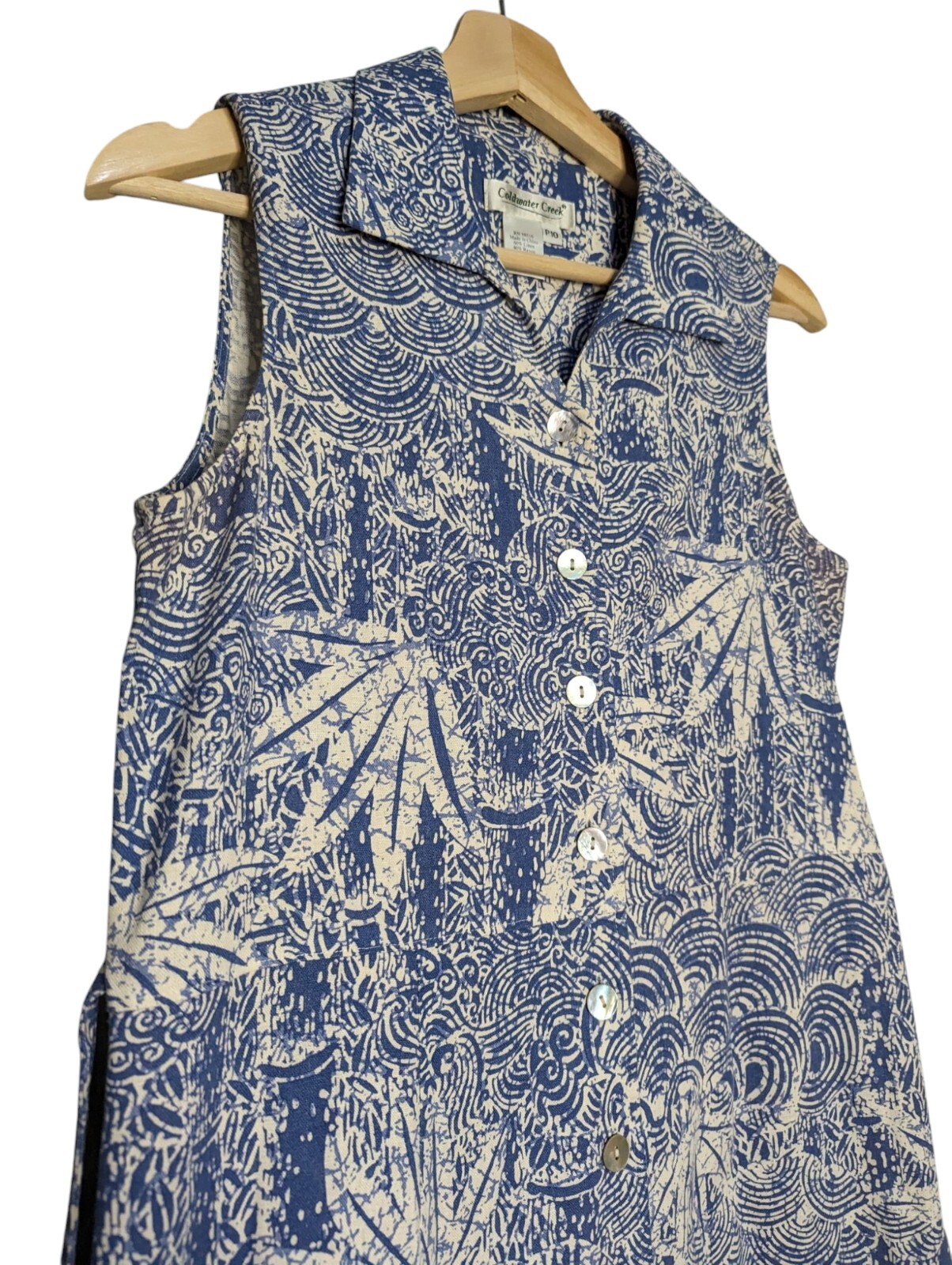 Coldwater Creek Linen Blend Button Down Dress 10P Sleeveless Blue White Vacation