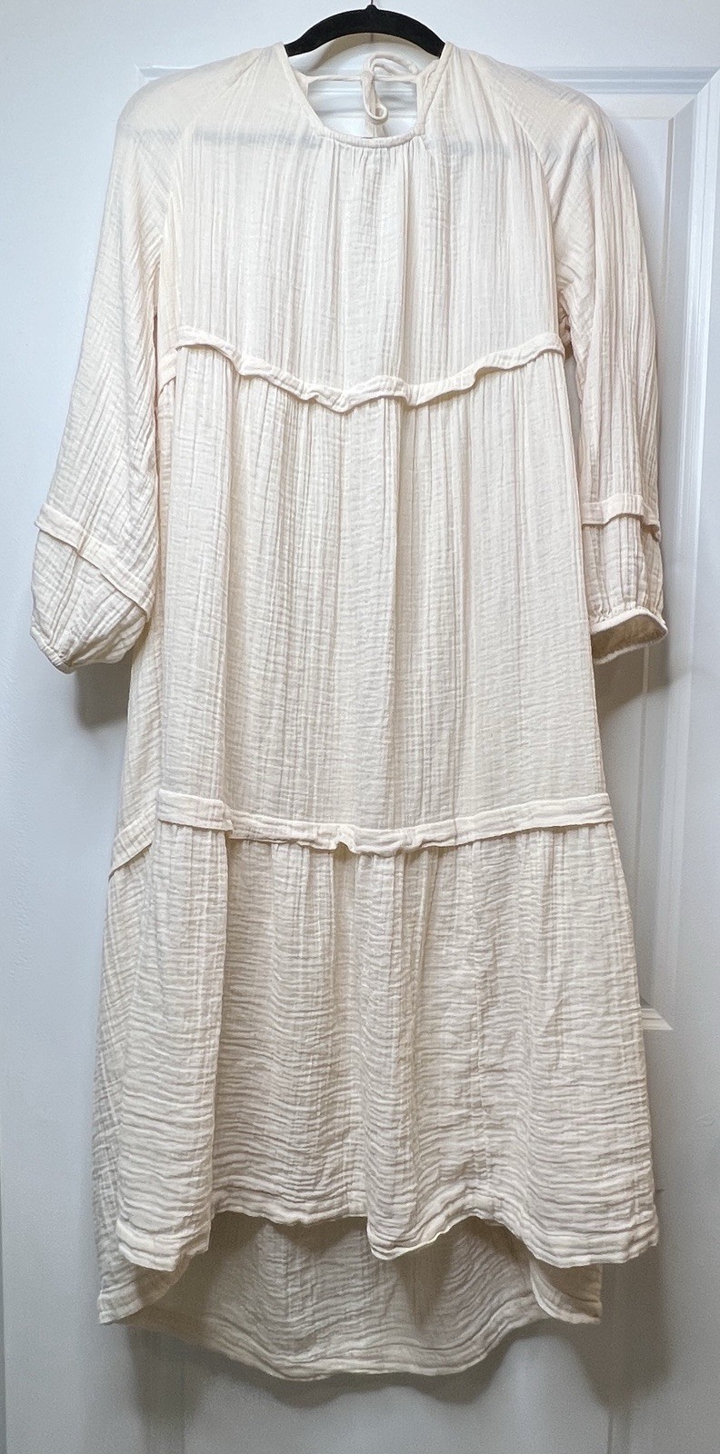 Wonderly Women Ivory Tiered Midi Dress 100% Cotton Gauze Tie Back Relaxed Fit XL