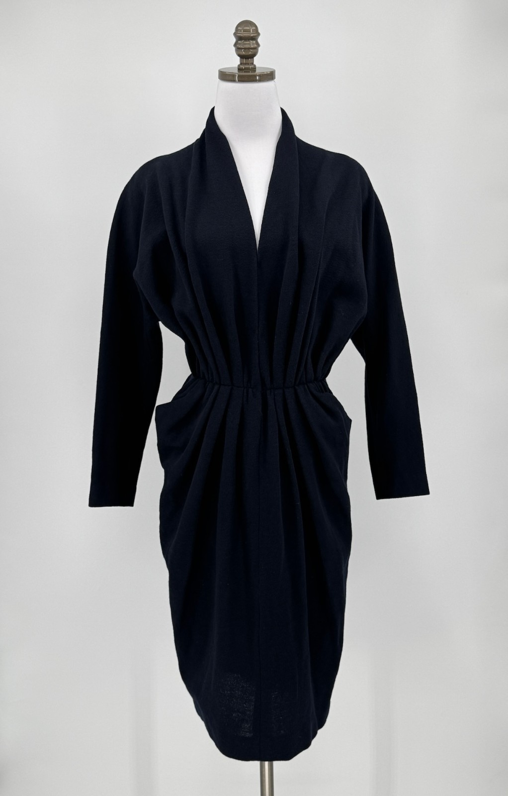 Vintage 80s Donna Karan Black Wool Pleated Draped Waist V Neck Sheath Dress Sz L