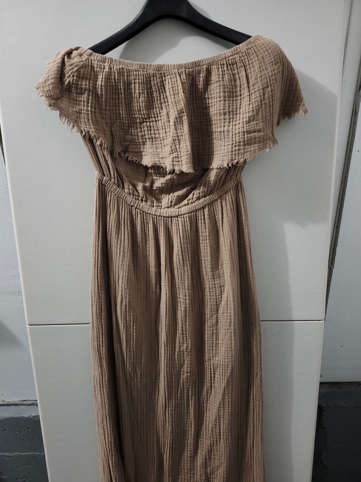 Michael Stars Dress Womens L Taupe Tara Strapless Maxi Gauze Crinkle 100% Cotton