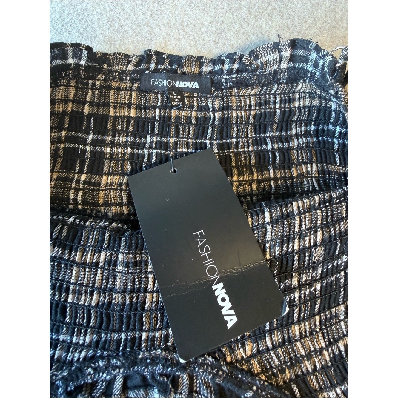Fashion Nova Black & White Plaid Smocked Midi Dress