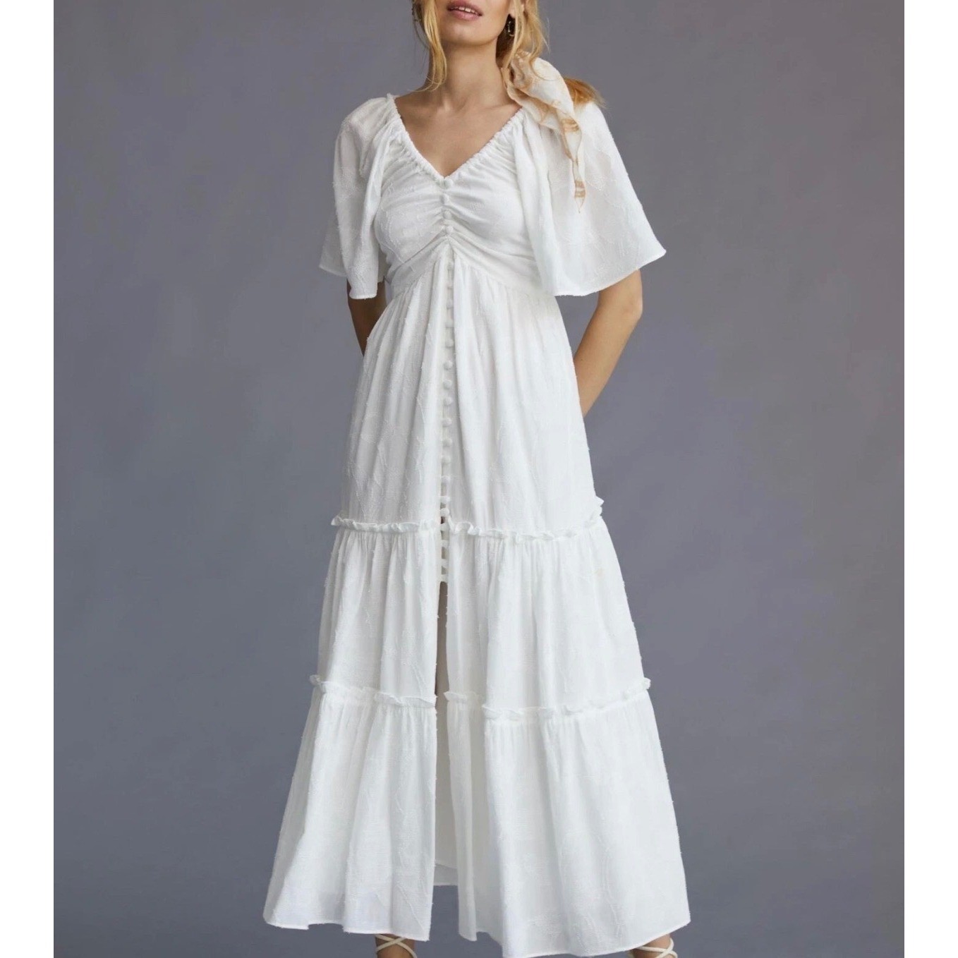 Anthropologie Maxi Dress Women M White Excellent Tiered Flutter Sleeve Flutter