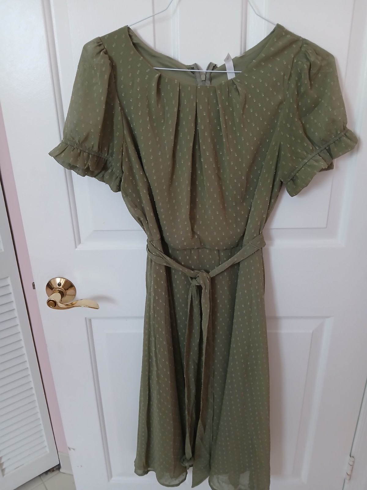 NY Collection Petite Swiss Dot Dress Olive Short Sleeve Size PL