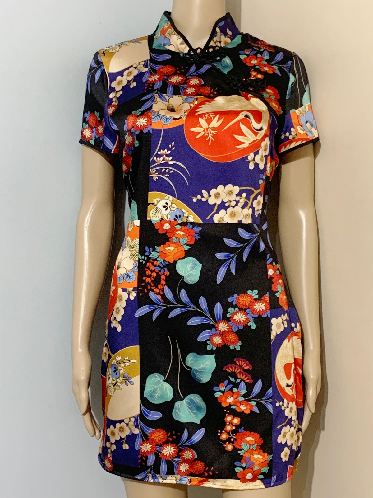 ZARA Sz S Black Floral Crane CHEONGSAM SHEATH Mini DRESS SS Mandarin Neck Frogs