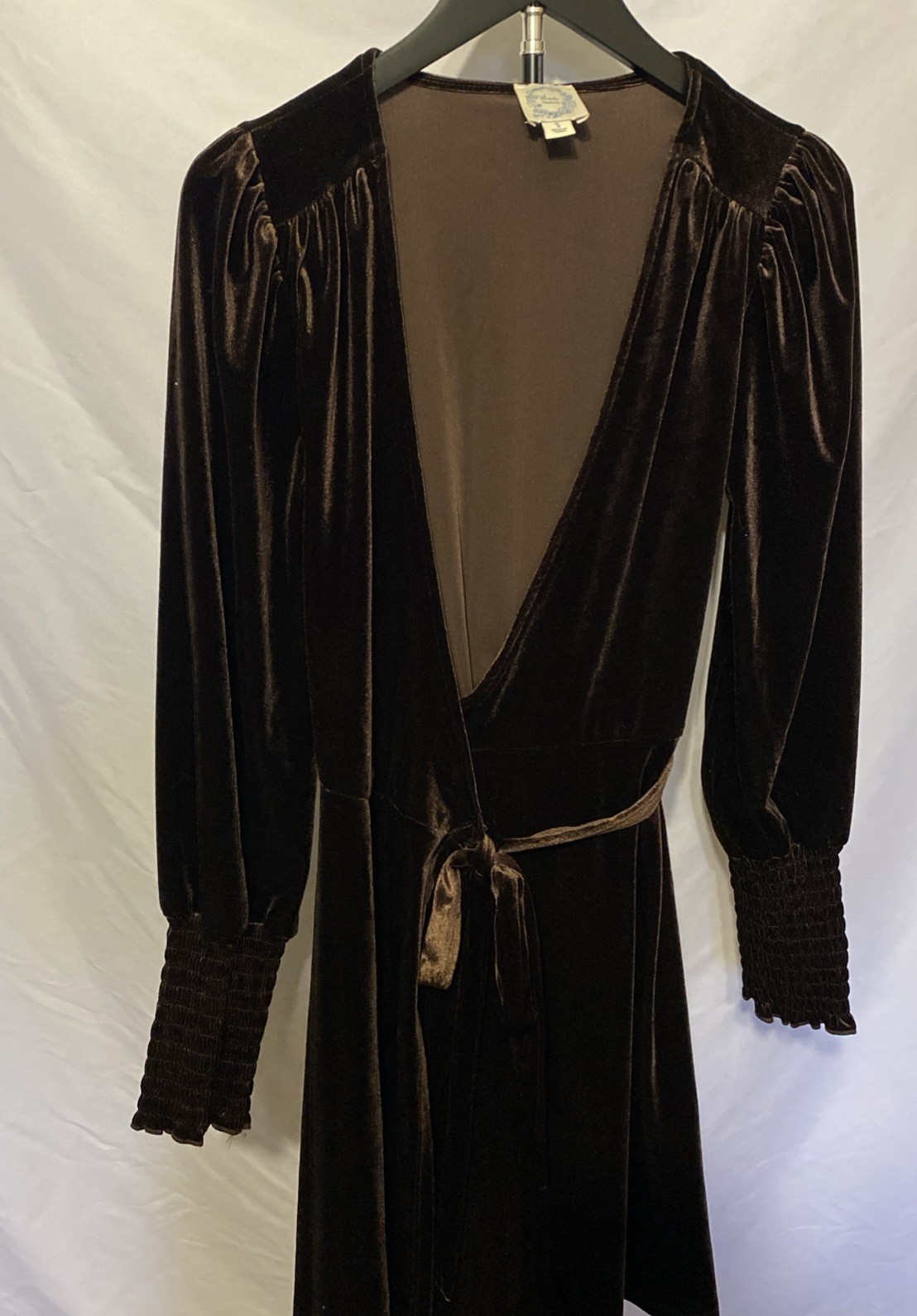 Blue Rain Brown Velvet Faux Wrap Mini Dress with Smocked Cuffs