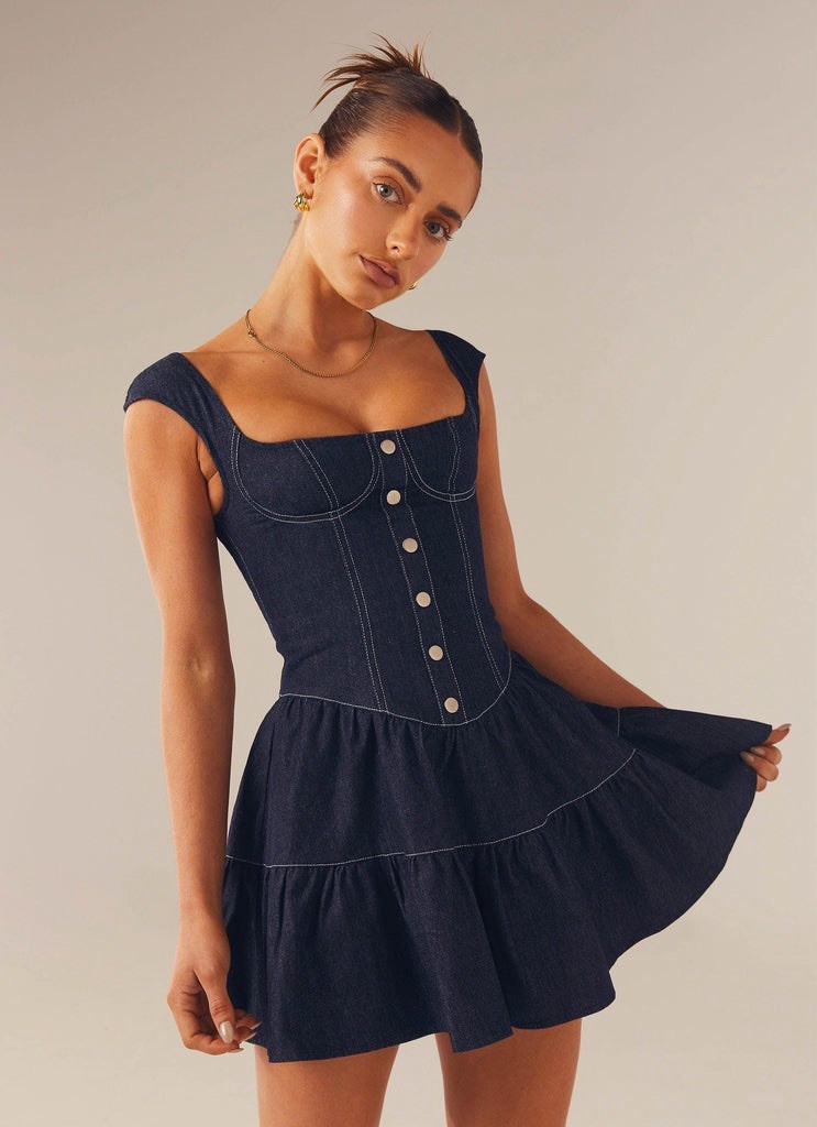 Peppermayo Isabella Denim Bustier Dress Size 4 Blue Fit Flare Cap Sleeves