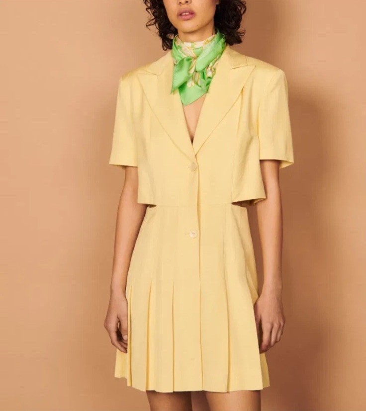 SANDRO Lilirose Side Cutout Pleated Dress Yellow Lemon SZ US 6 EU 38 NWT $545