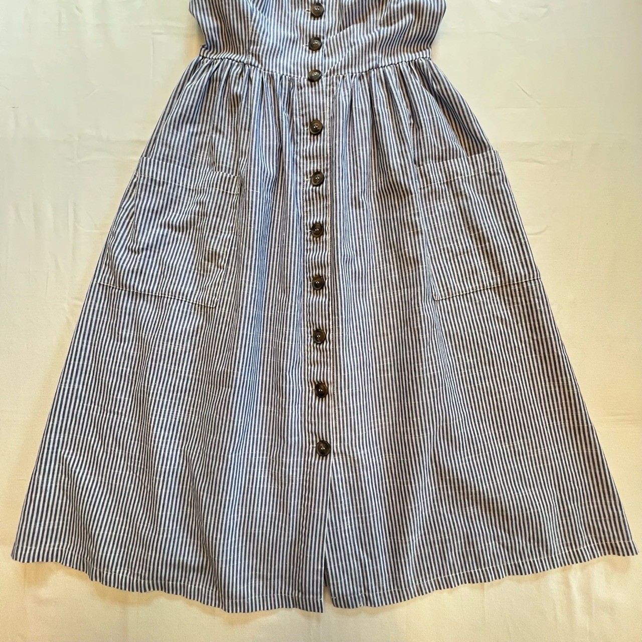 Slide Show Blue White Pinstripe Cottagecore Button Front Midi Dress Size 12