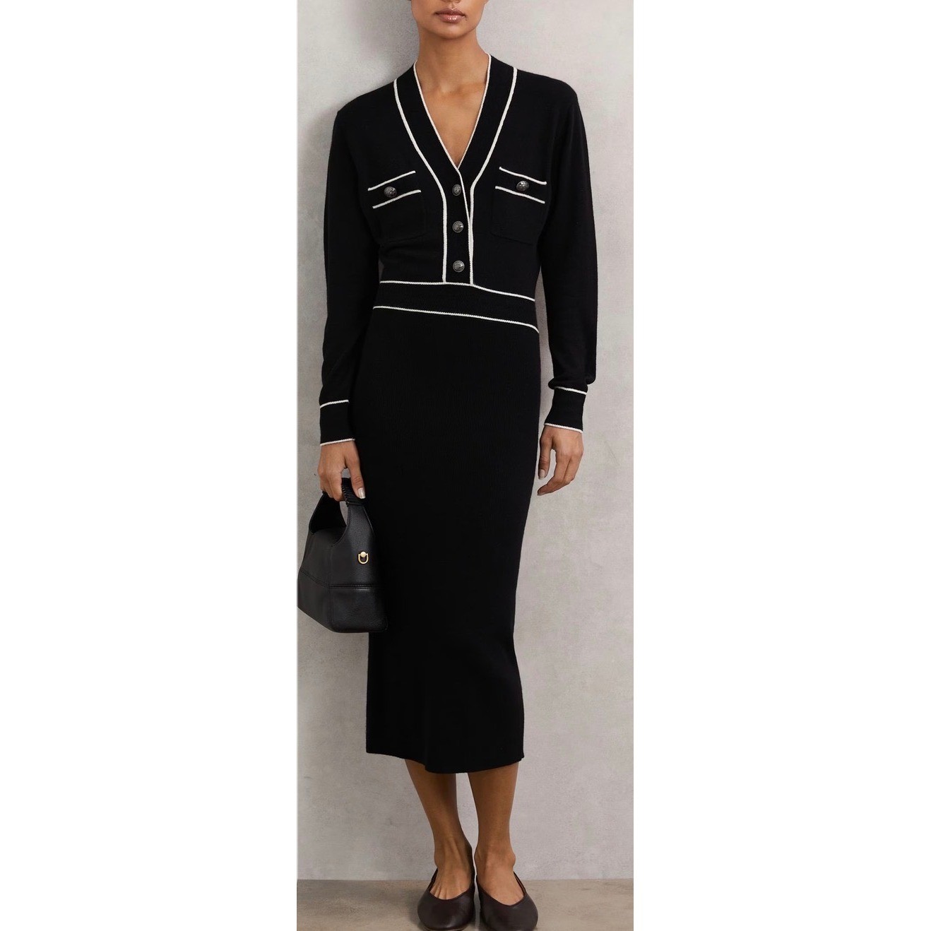 REISS Lorrie NWOT Black Knit Sweater Dress Cashmere Wool Button Midi Tipped M