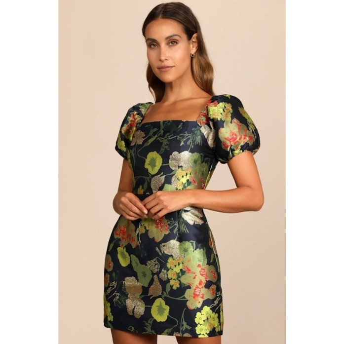 Lulus Navy Blue Gold Floral Brocade Jacquard Puff Sleeve Mini Dress Small