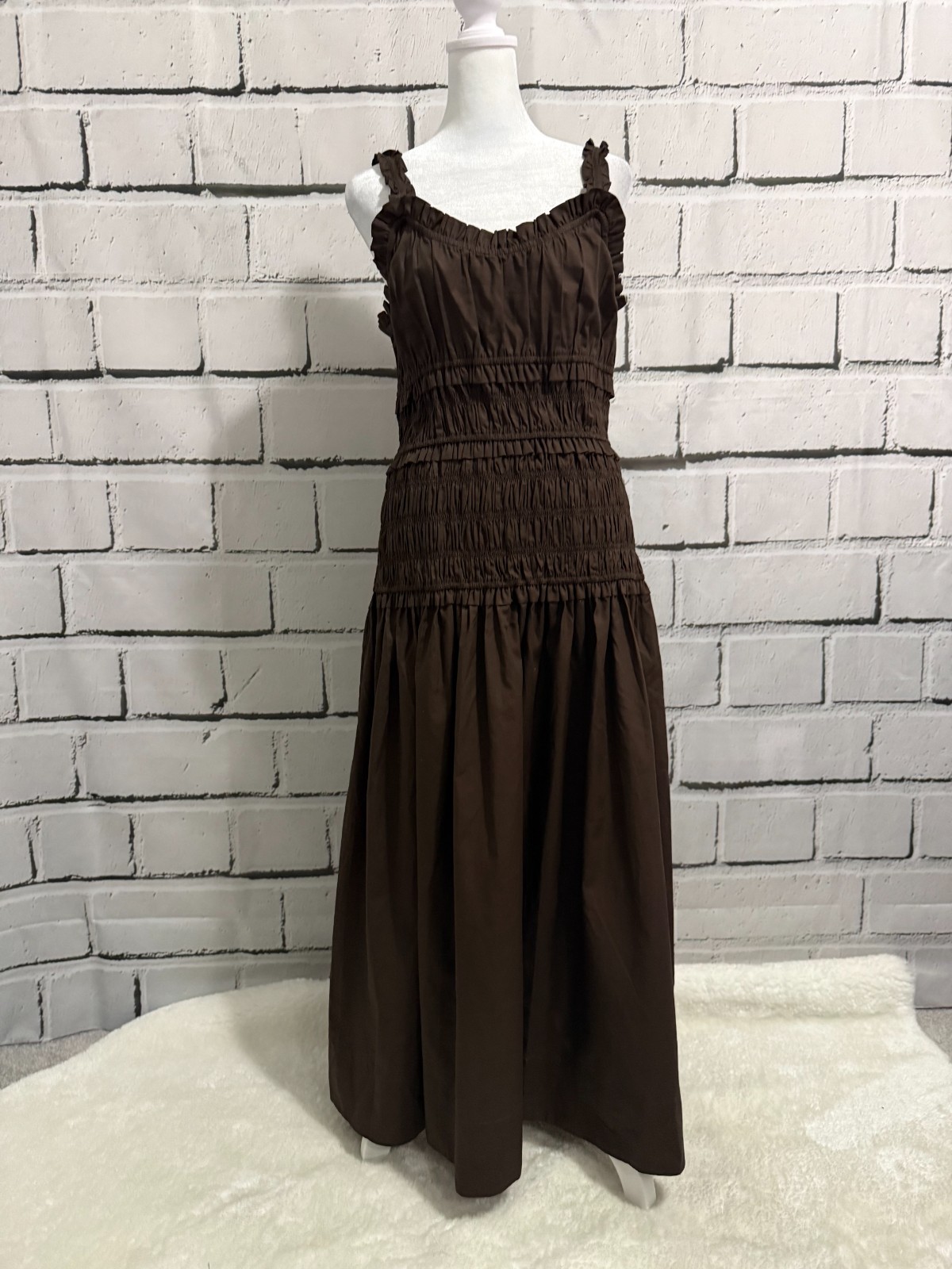 NWT Caroline Constas Brown Smocked Cotton Midi Dress Ruffle Straps S