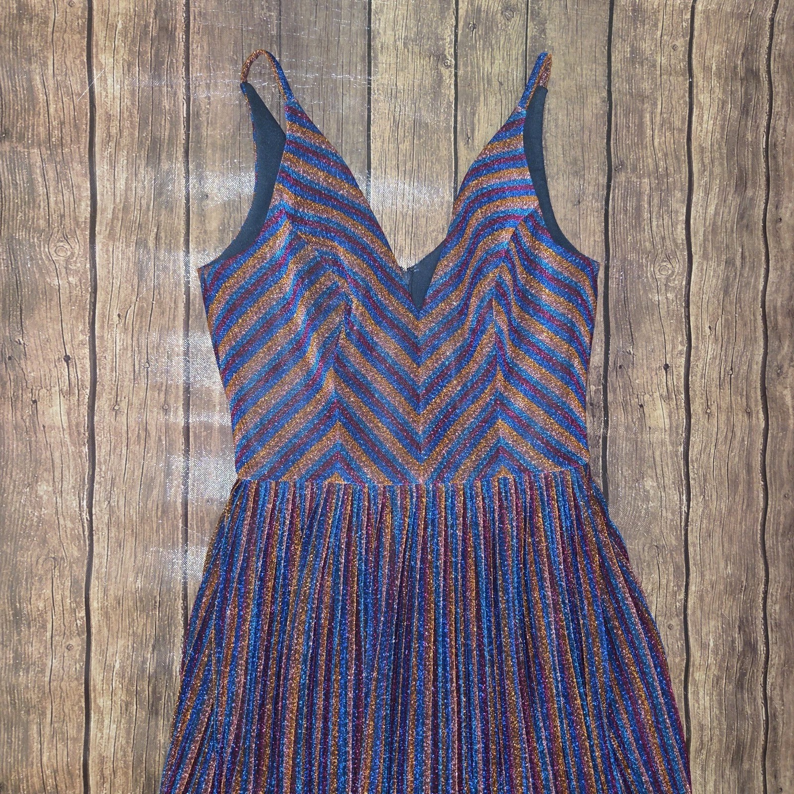 Dress the Population Haley Metallic Pleated Dress Women M Multicolor Retro Disco