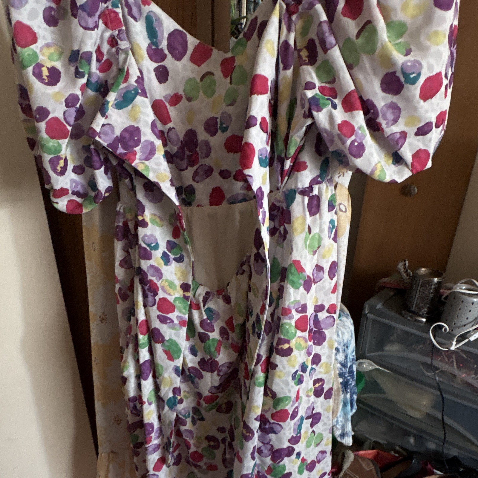 Colorful Abstract Print A-Line Sundress Midi Dress w/ Ruffle Accents Juniors M