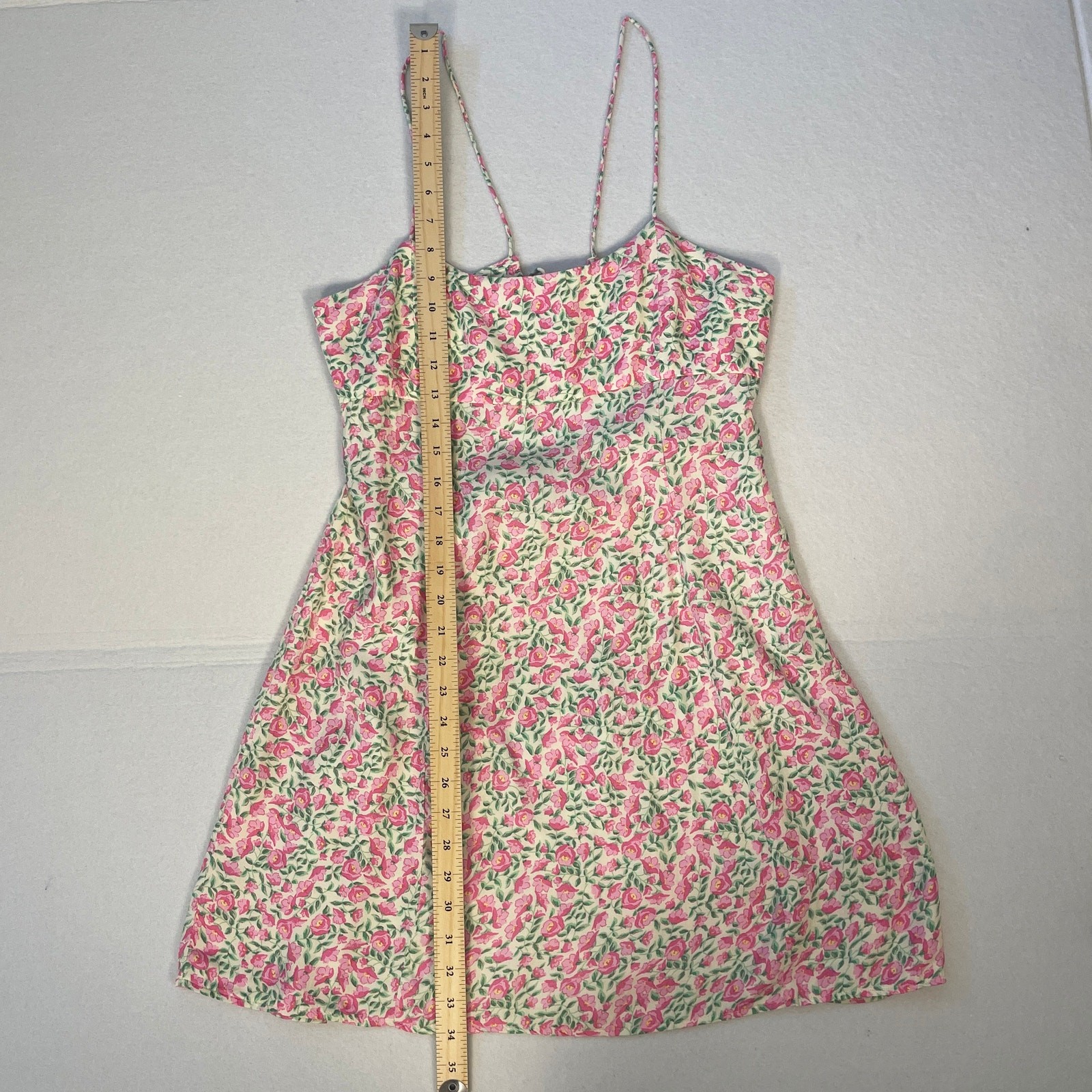 Zara Floral Open Back Mini Dress Pink Green 100% Viscose Tie Back Size XL