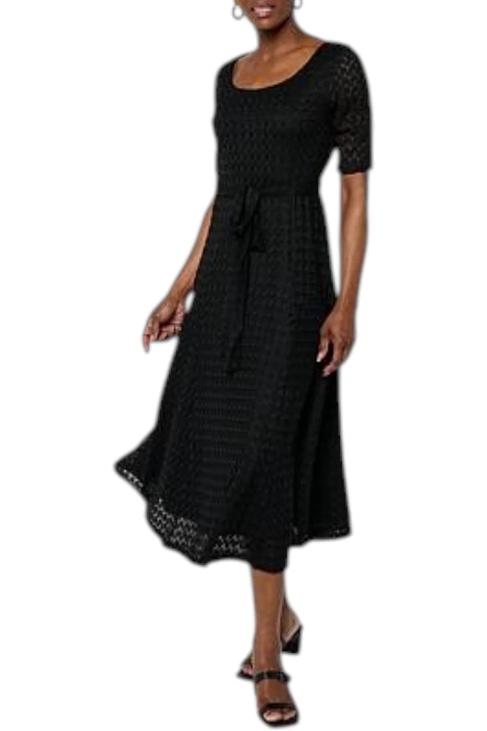 Nina Leonard Women’s Roundneck Elbow-Sleeve Lace Flare Dress Black