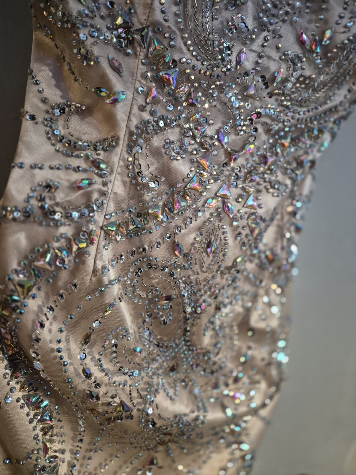 Strapless Sweetheart Satin Long Gown L/XL Beige Beaded Sequin Tulle Lined