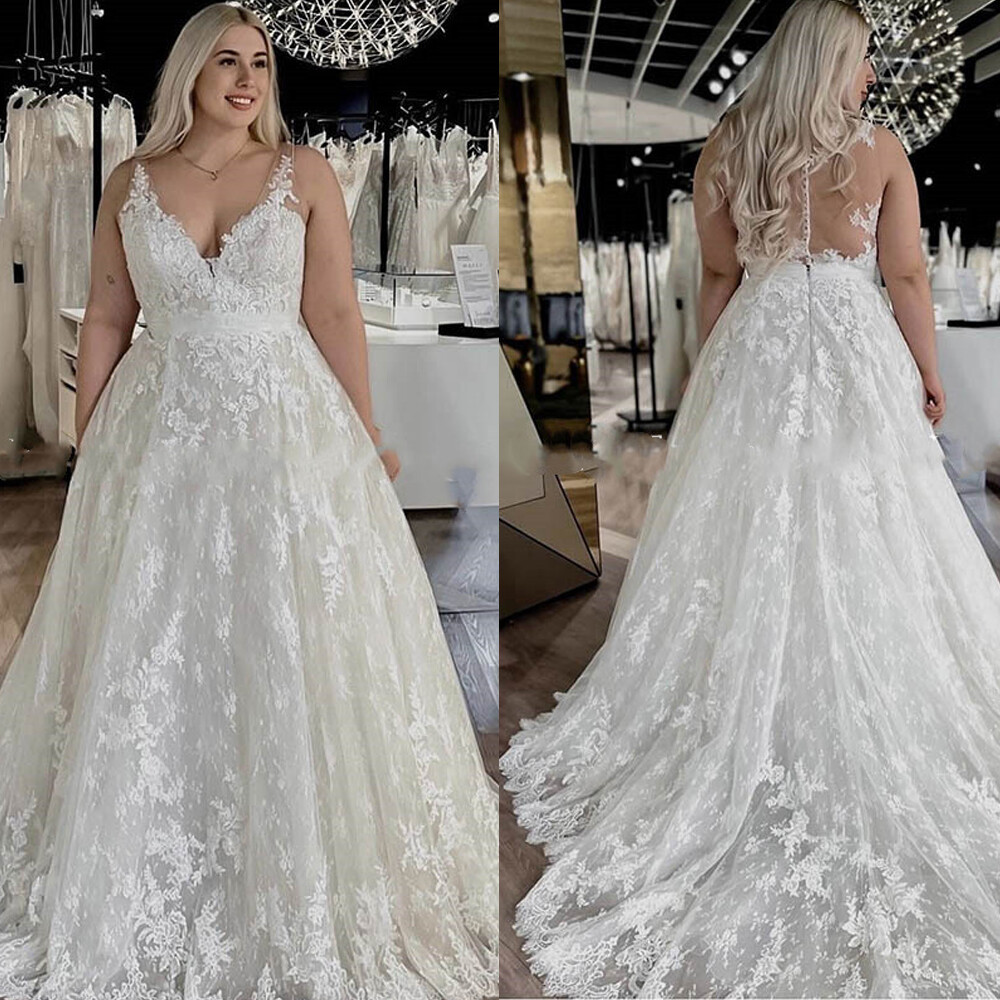 Sleeveless Plus Size A-Line Wedding Dresses V-Neck Lace Appliques Bridal Gowns