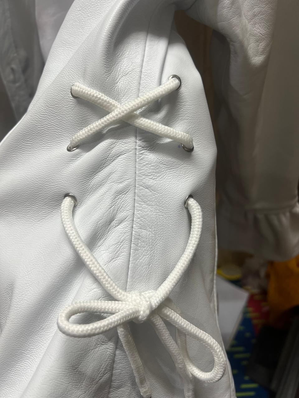 Women’s White Genuine Leather Jacket Lace Up Fitted Button Front Casual Coat