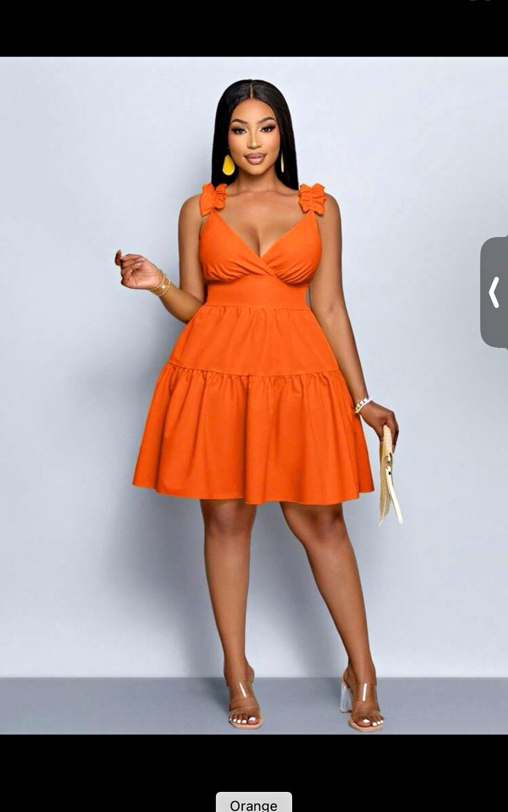 Women’s Orange Solid Sleeveless V-Neck Tiered A-Line Knee Dress Ruffle L