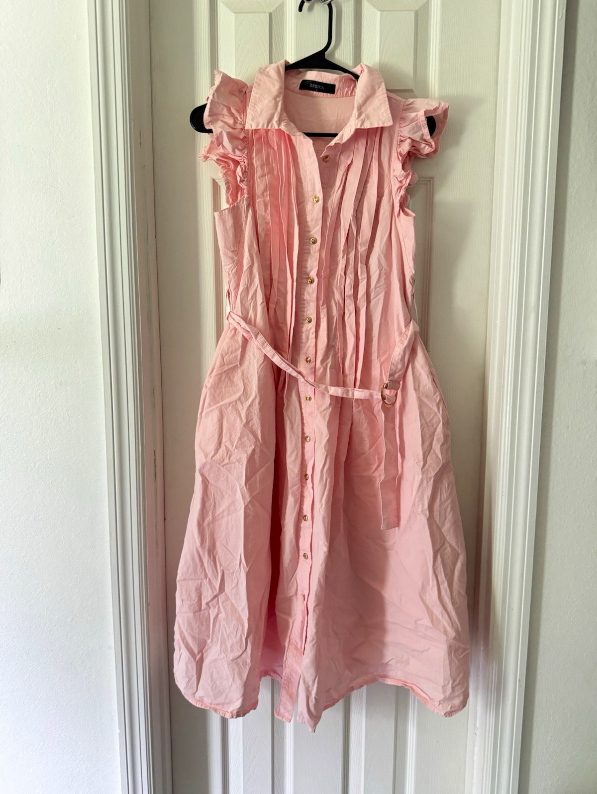 ZESICA Women’s Pink Collared Button Front Shirt Dress Midi Belted Pockets S -M