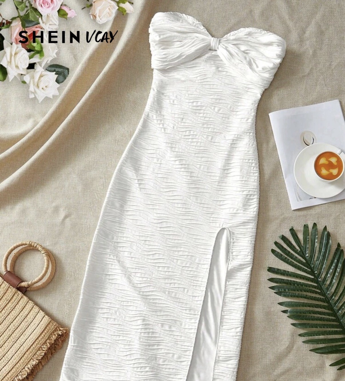 SHEIN White Strapless Bodycon Long Dress Bow Accent Side Slit, Women S