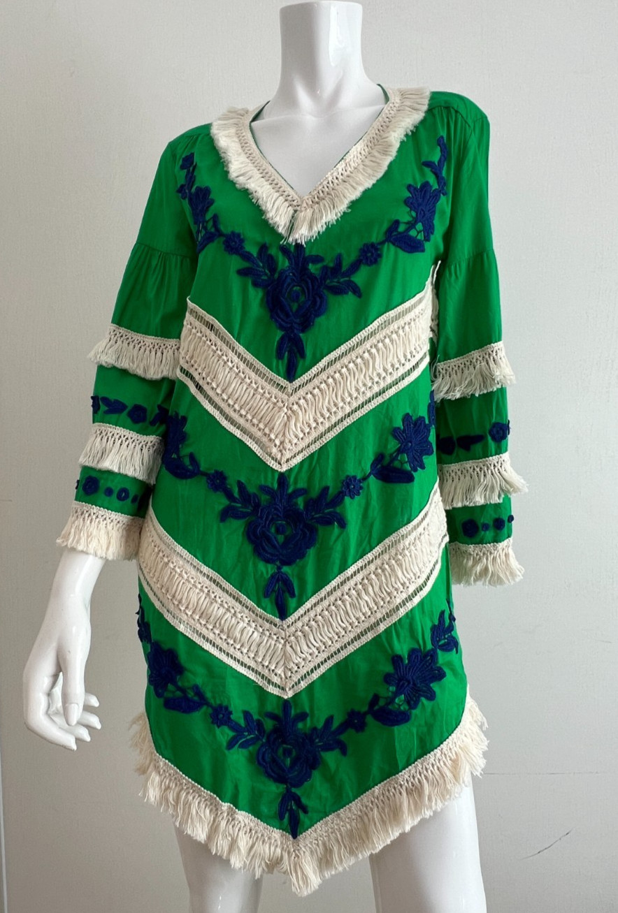NWT Despi Brazil Boho Embroidered Fringe Tunic Dress Resort Beach Cover Up S