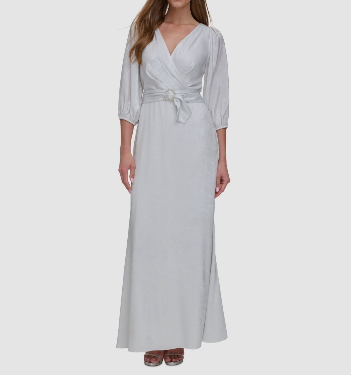 DKNY Women’s Sliver Shimmer Surplice Balloon Sleeve Belted Dress Size: 12