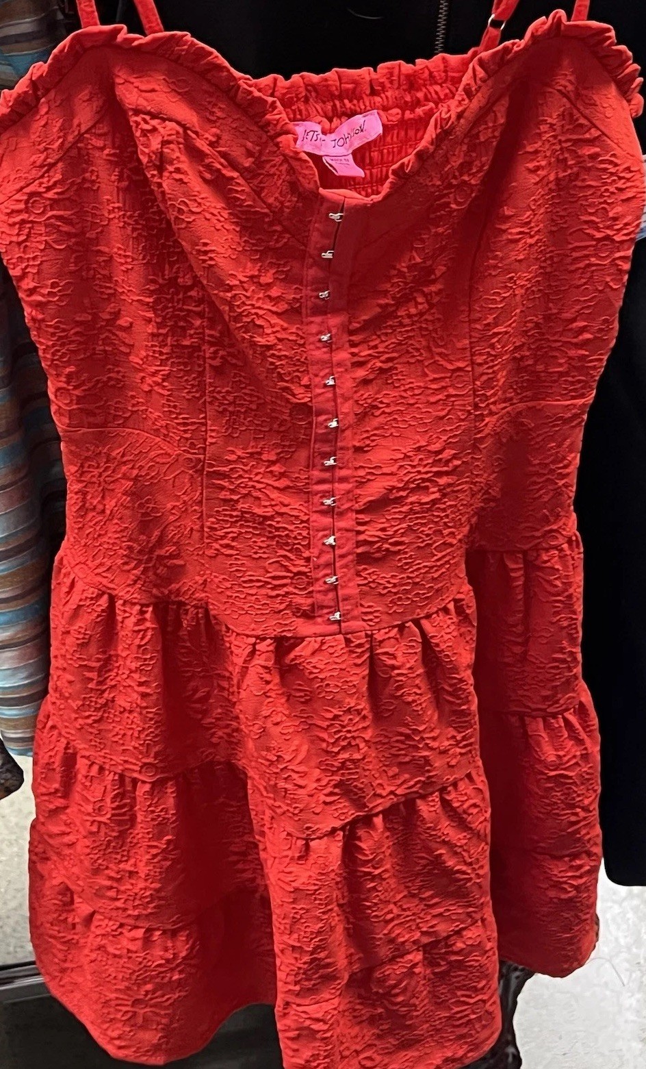 Betsey Johnson Red Corset Mini Dress S Hook & Eye Tiered Textured Floral