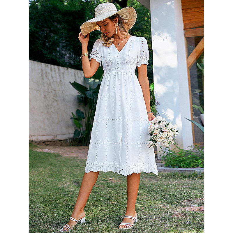 Women dress White Temperament Commuter Solid Color Chain Link Hollow Long Skirt