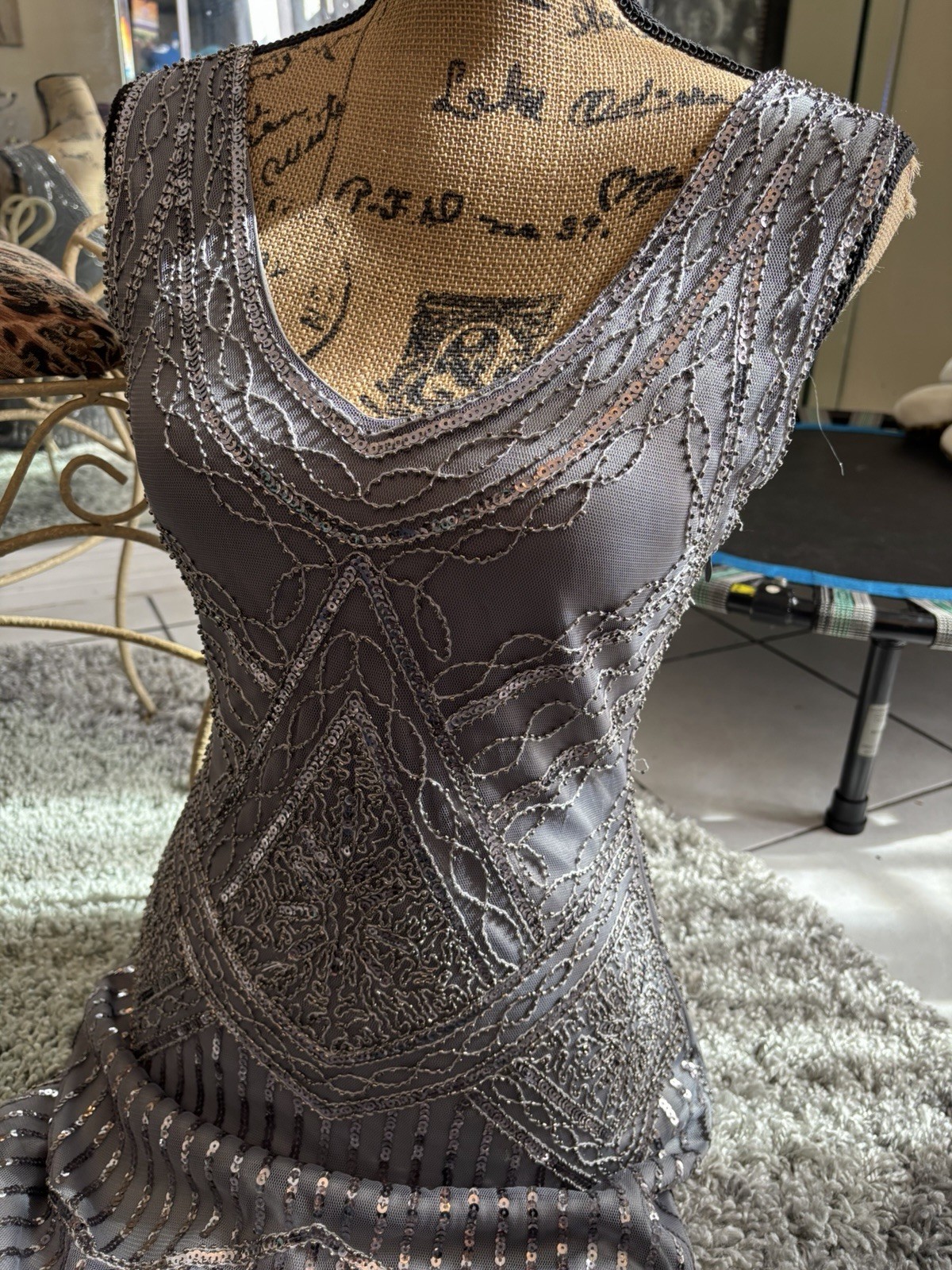 BABEYOND Gray Sequin Fringe Beaded Mesh Sheath Dress V-Neck Sleeveless S