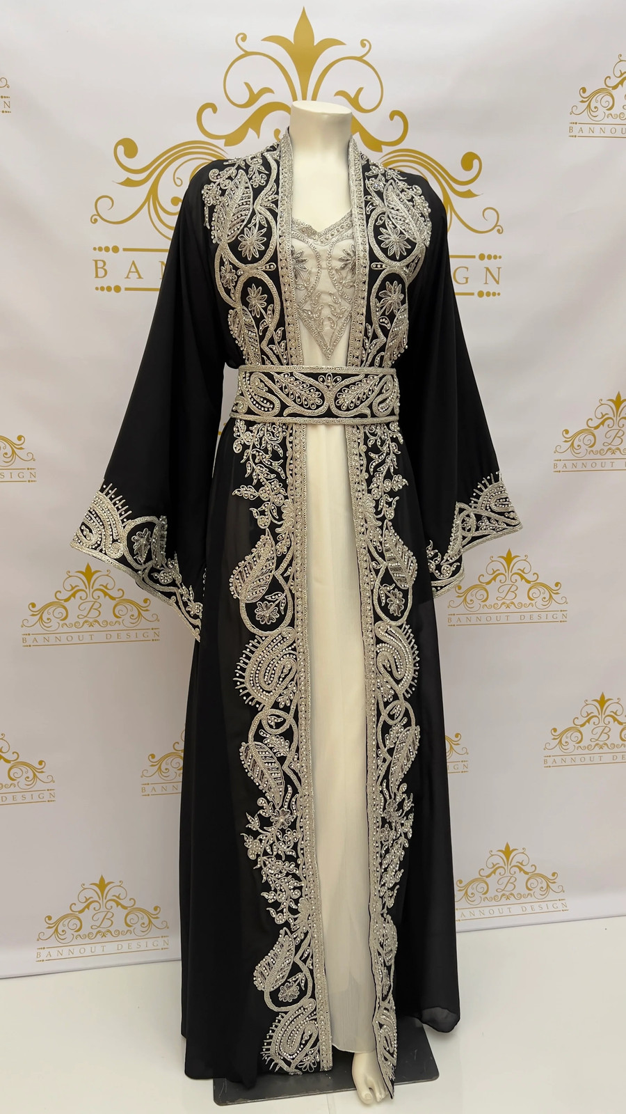 Fancy Kaftan Caftan Abaya 3 Pcs. Leaves Embellished Embroidery & Silver Beads