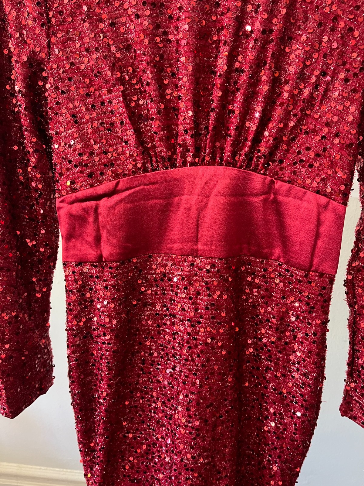 Burgundy Red Sequin Long Sleeve Mermaid Gown Low Back Satin Sash Formal Dress