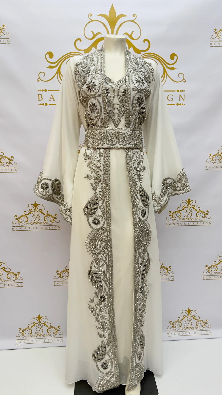 Fancy Kaftan Caftan Abaya 3 Pcs. Leaves Embellished Embroidery & Silver Beads