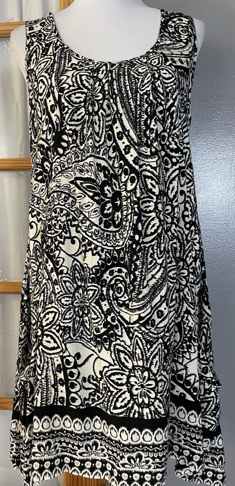 Papillon Floral Swing Mini Dress Sz L Gray Ivory Paisley Pockets Boho City Beach