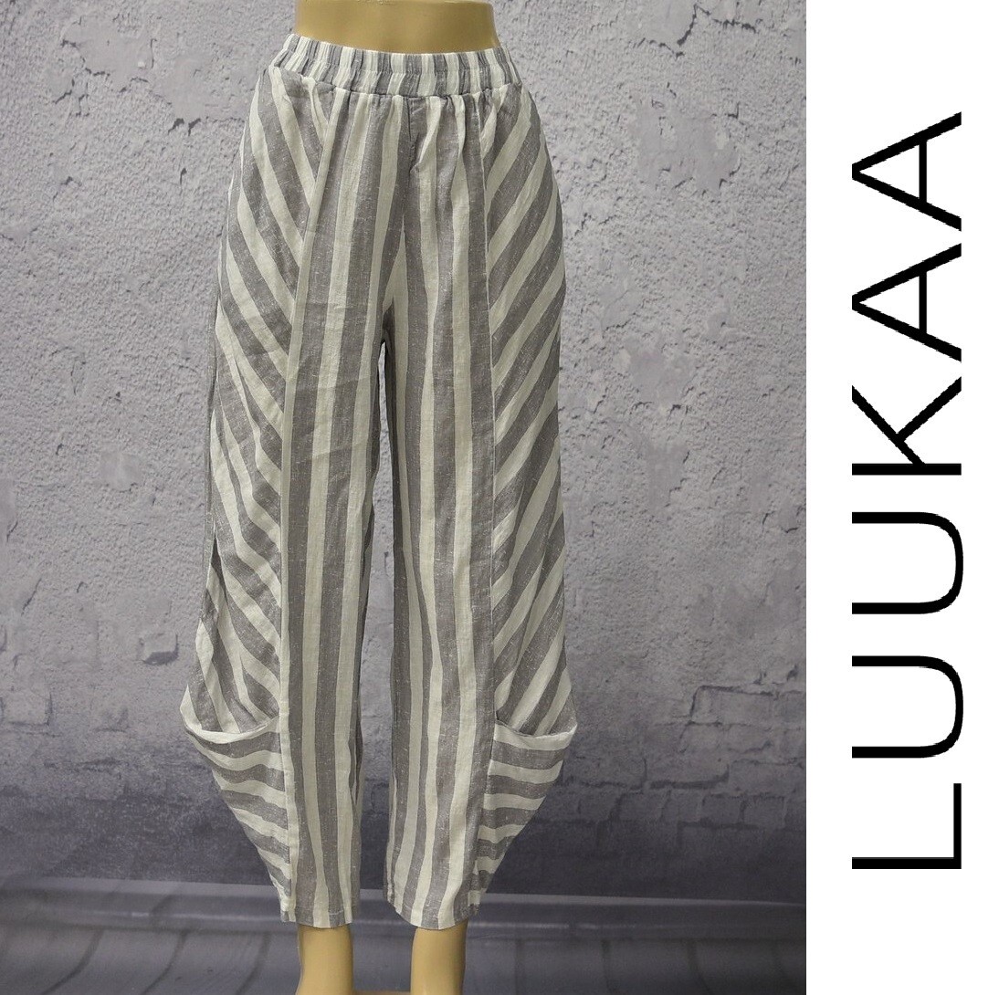 LUUKAA Linen 8Y0524 Lagenlook Light Linen STRIPE POCKET DRESS (sizes 6-10) WHITE