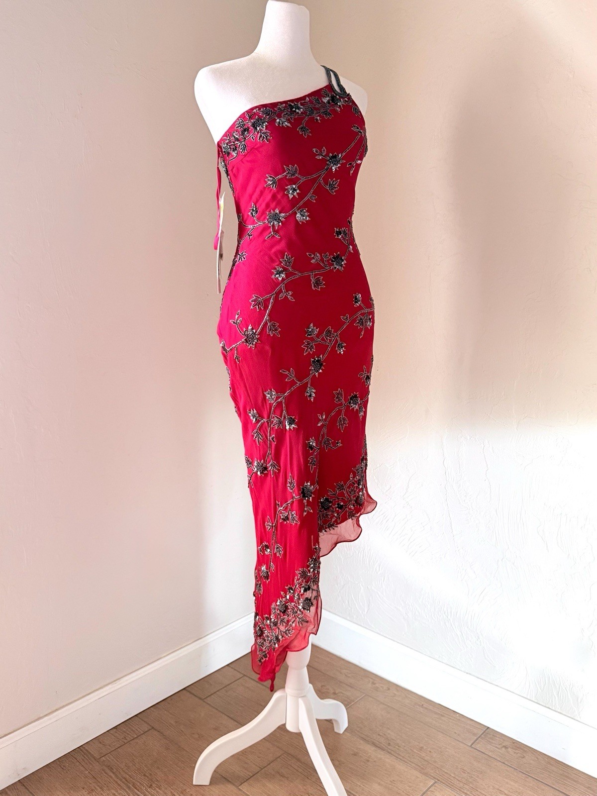 NWT Vintage Scala 1990s Red Silk One Shoulder Beaded Asymmetrical Midi Dress S