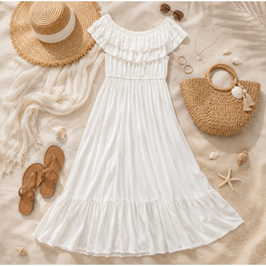 White Cottagecore Maxi Dress Off Shoulder L Cotton Blend Vacation Honeymoon